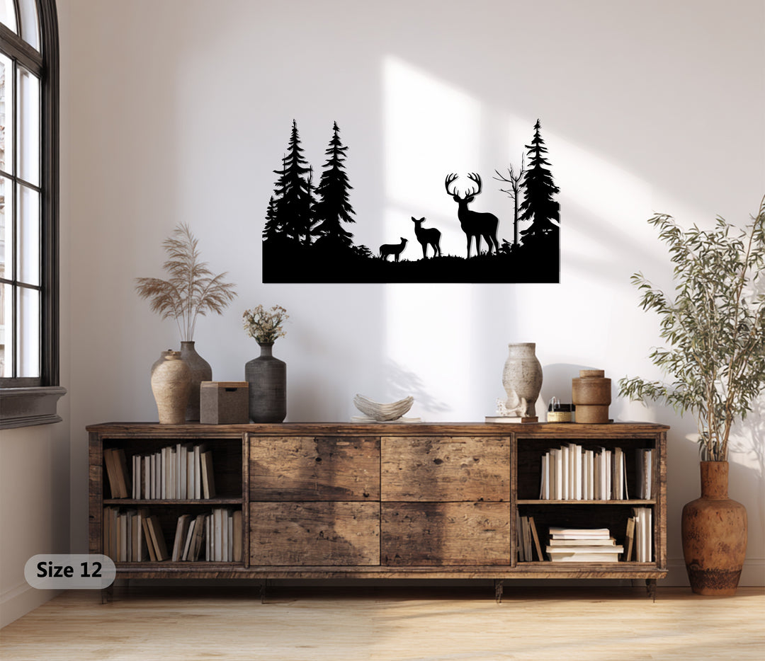 Family of Deer in Forest Metal Wall Art – Rustic Wildlife Decor