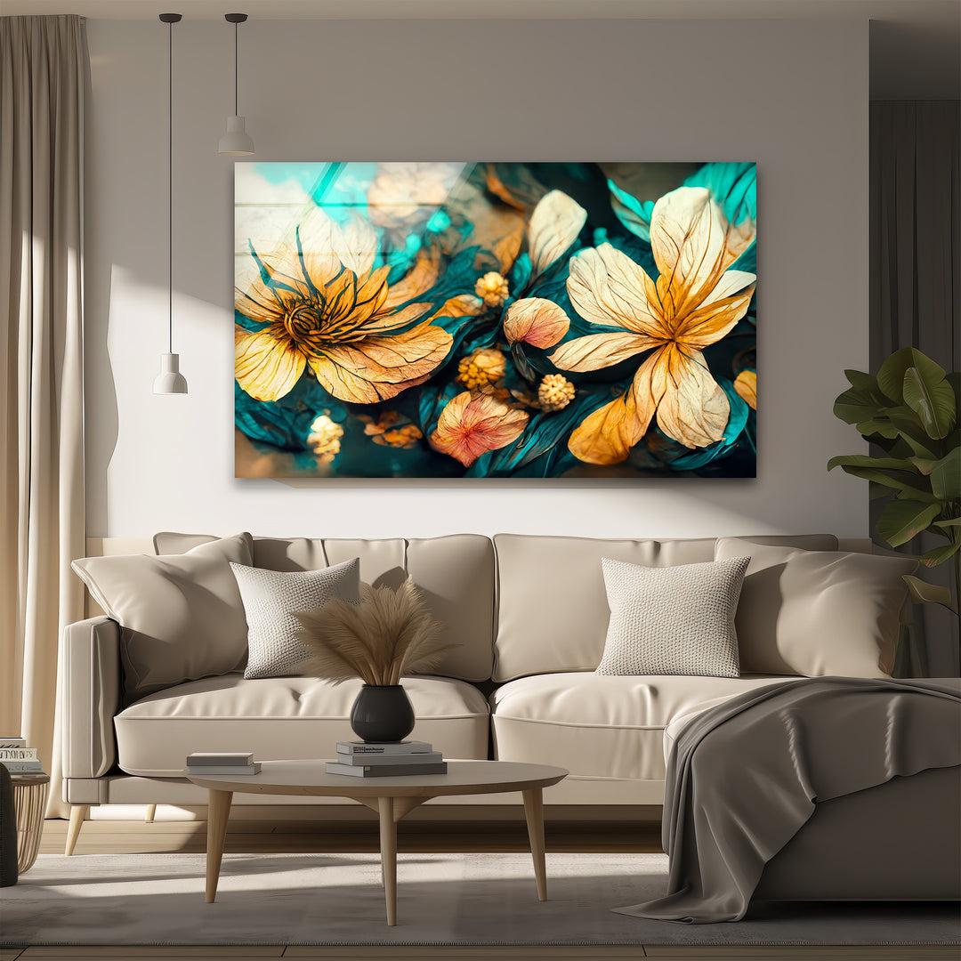 Golden Petal Bloom – Artistic Floral Fantasy Glass Wall Art