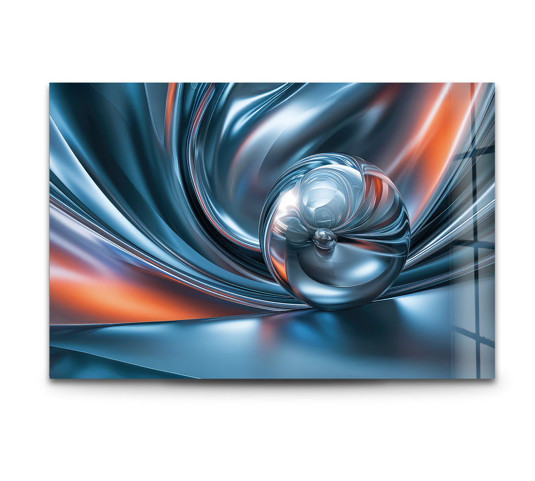 Chromatic Sphere Drift – Abstract Blue Silver Orb Glass Wall Art