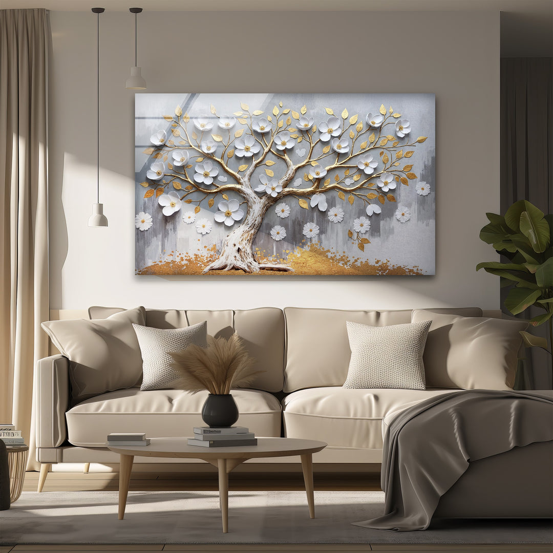 Golden Blossom Tree – Elegant Floral Relief Glass Wall Art