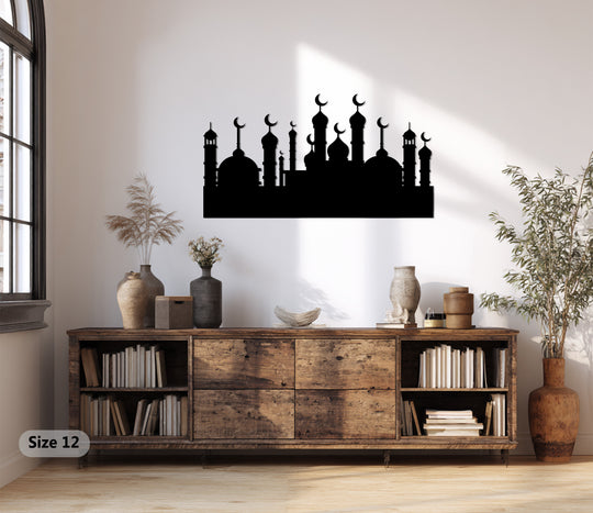 Silhouetted minarets in decoration wall art create a striking layering effect against the white wall, enhancing the Islamic skyline metal artwork.