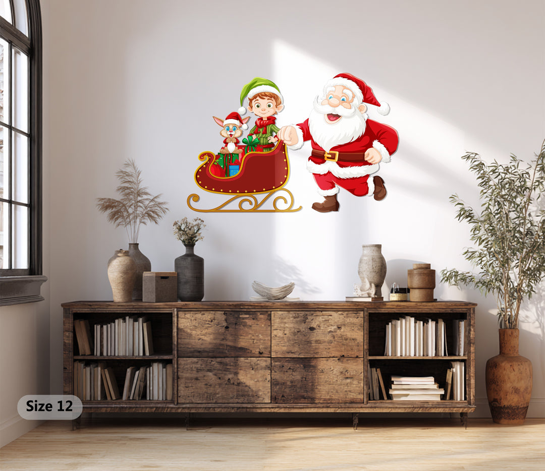 سانتا وجولة الزلاجة مع الجان - لوحة جدارية لعيد الميلاد