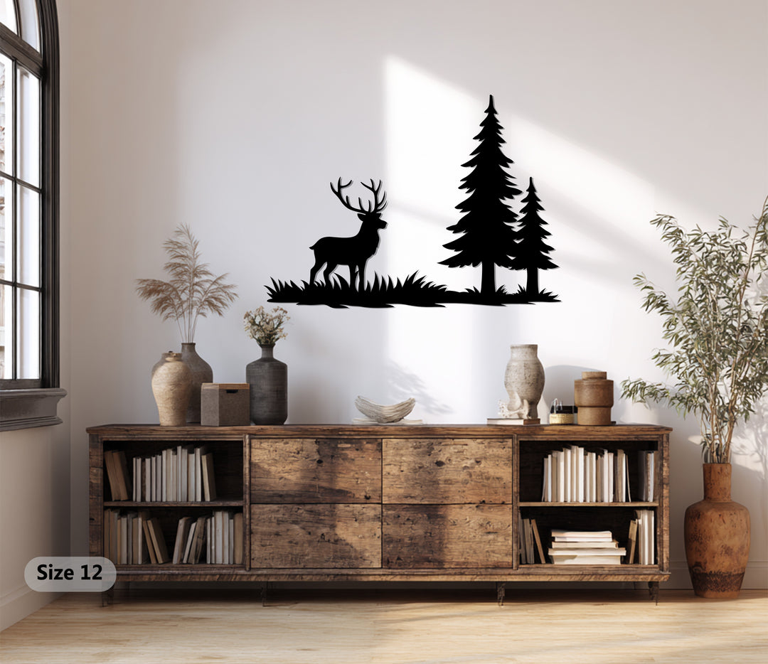 Lone Stag in Forest Metal Wall Art – Rustic Nature Design