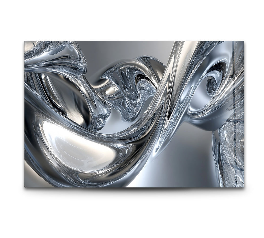 Silver Liquid Contours – Abstract Chrome Flow Glass Wall Art