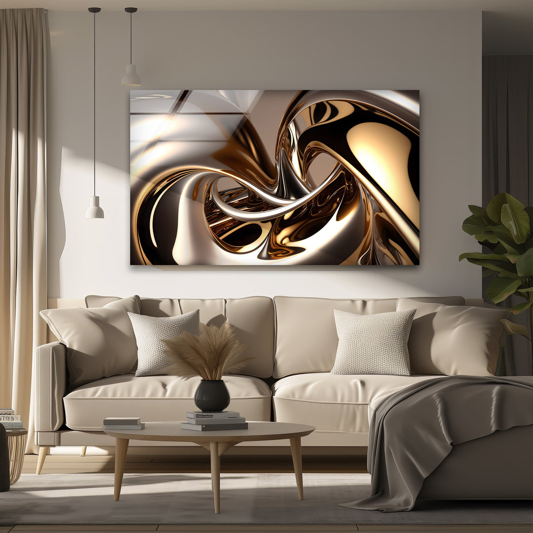 Molten Bronze Mirage – Abstract Metallic Swirl Glass Wall Art