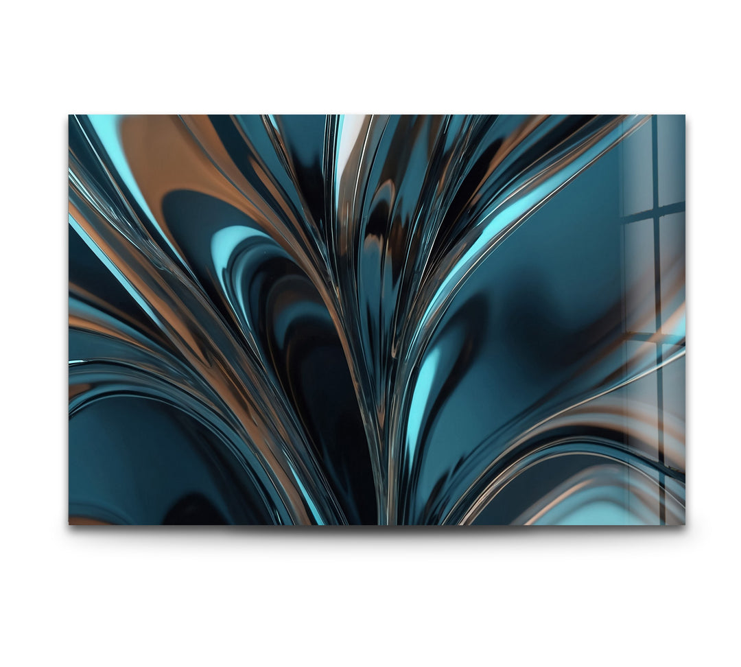 Midnight Aqua Surge – Abstract Teal Chrome Glass Wall Art