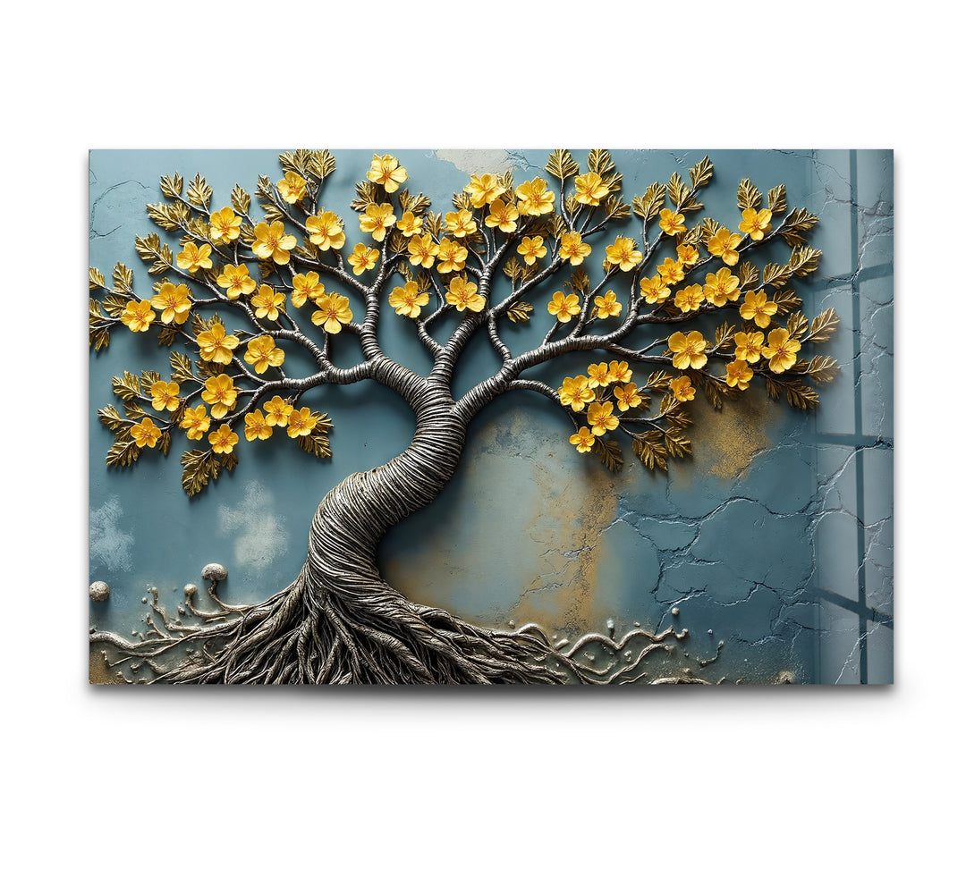 Golden Blossom Roots – Textured Floral Tree Glass Wall Art