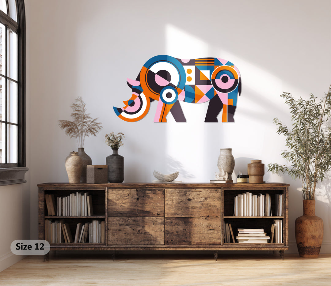 Artistic geometric rhino metal wall sculpture — abstract wildlife wall décor piece