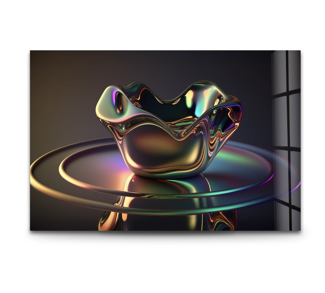 Iridescent Sculpted Bloom – Futuristic Chrome Bowl Glass Wall Art