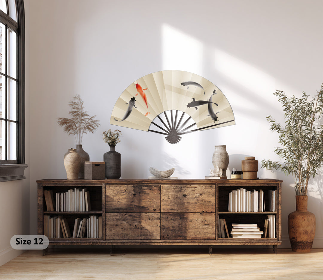 Highlighting the brightest area showcases the decoration wall art of a koi fish fan, an elegant Japanese-inspired piece.