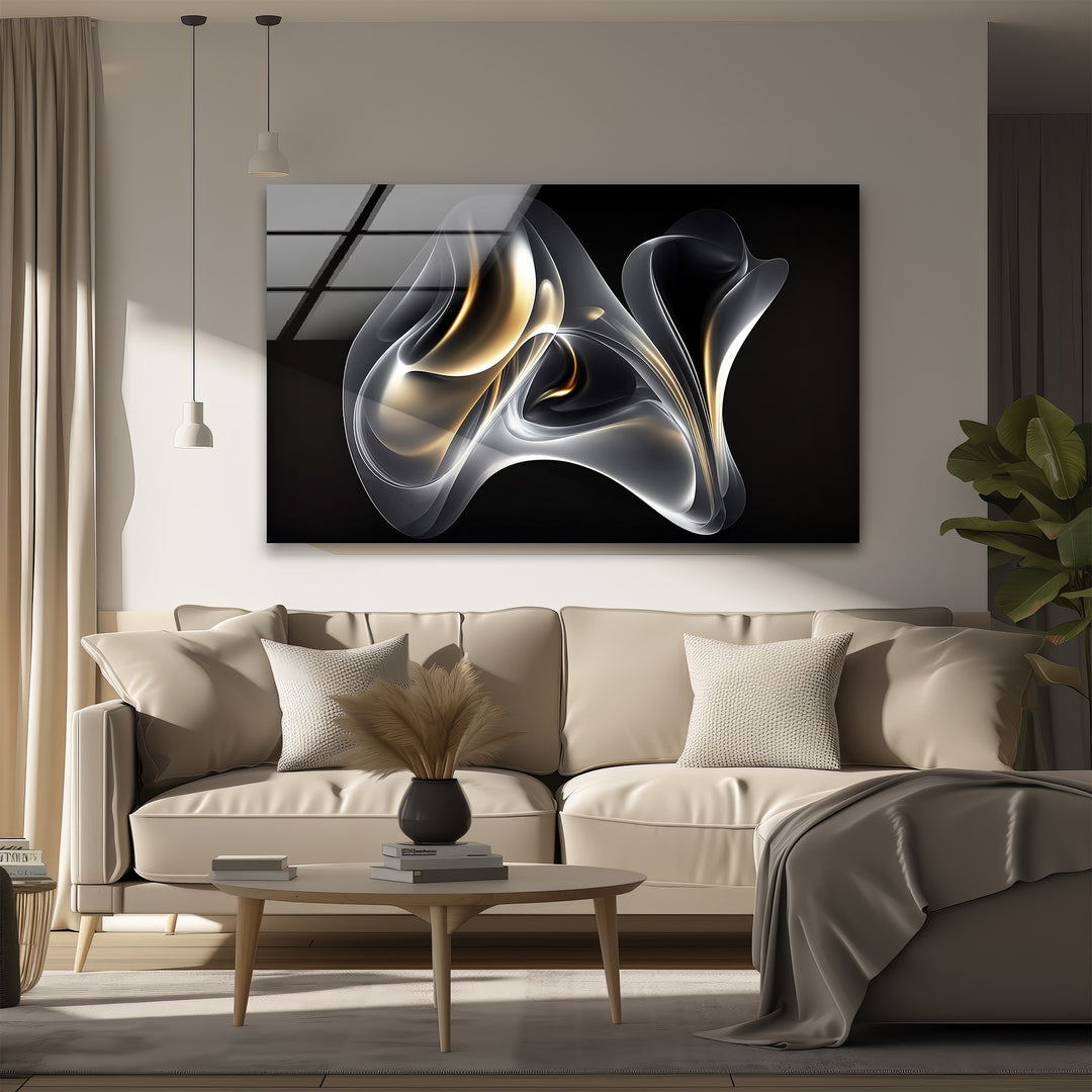Ethereal Ember Veil – Abstract Smoke Gold Glass Wall Art