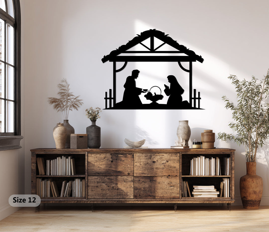 العائلة المقدسة في الإسطبل – مشهد ميلاد المسيح فن جداري معدني