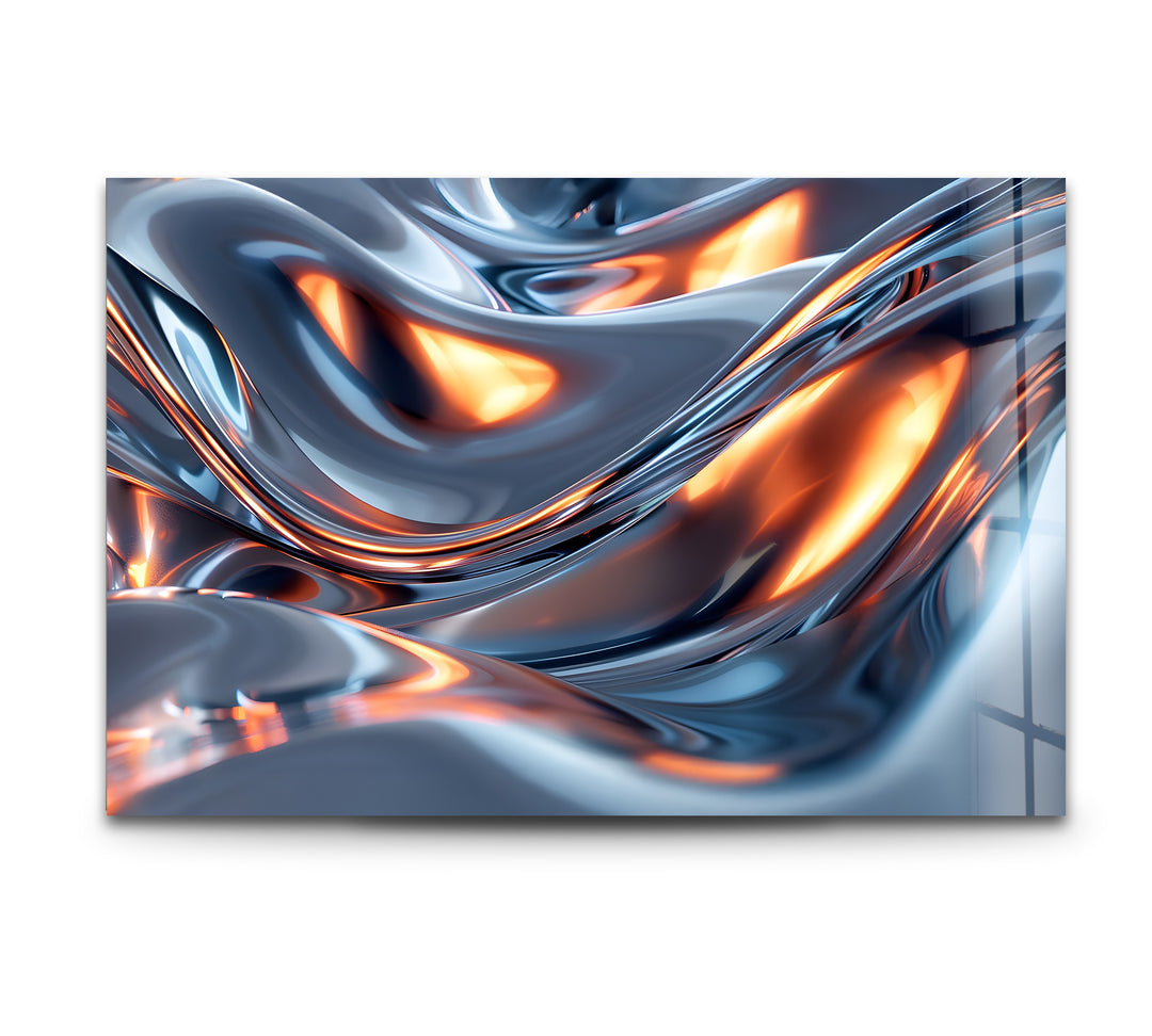 Solar Chrome Surge – Abstract Silver & Ember Flow Glass Wall Art
