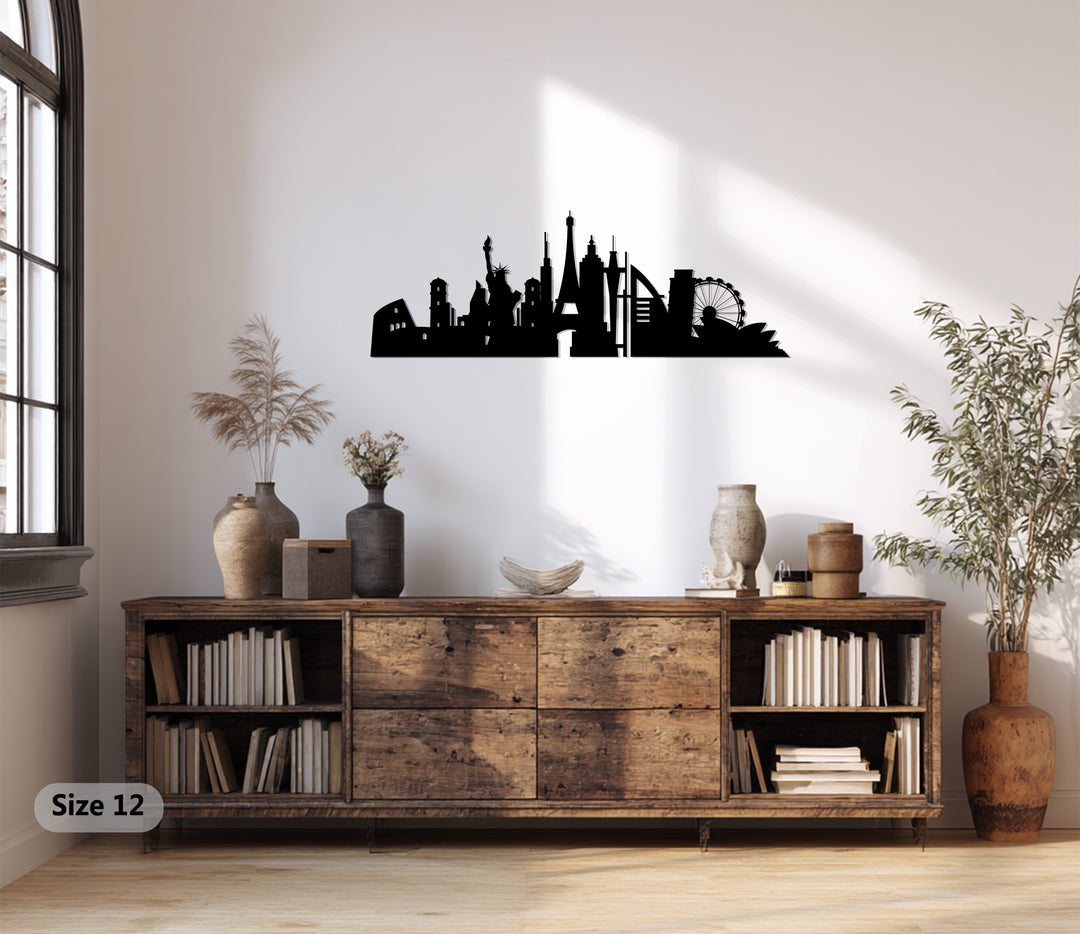 World cities silhouette wall art metal
