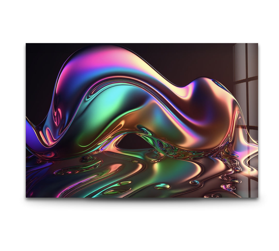 Neon Mirage Crest – Iridescent Chrome Wave Glass Wall Art