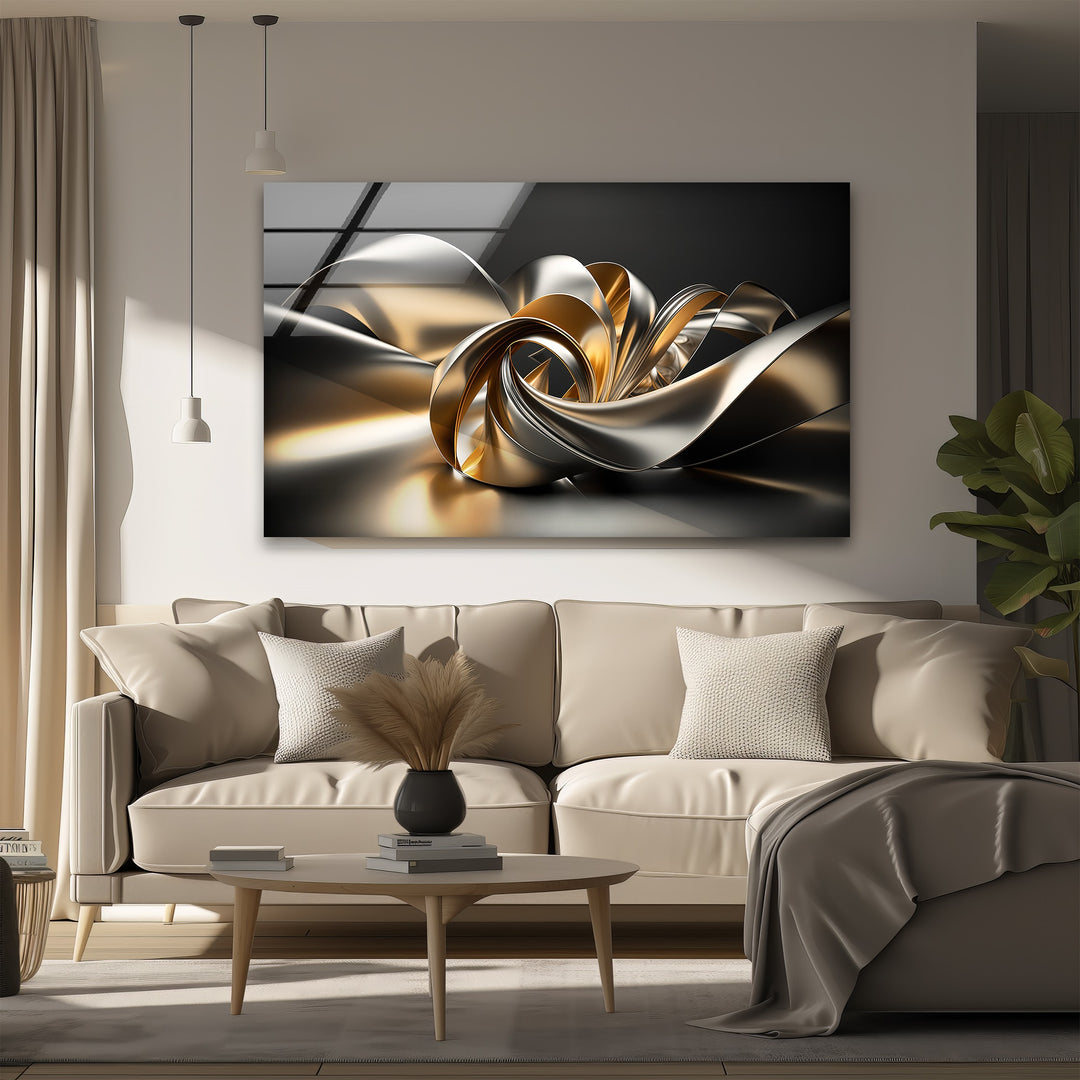 Golden Helix Flow – Abstract Metallic Ribbon Glass Wall Art