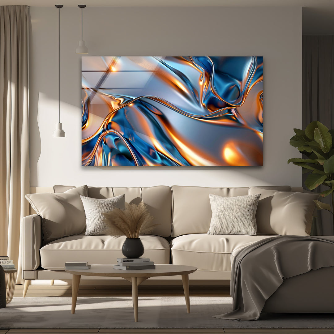 Aurora Metal Flux – Abstract Blue & Copper Chrome Glass Wall Art