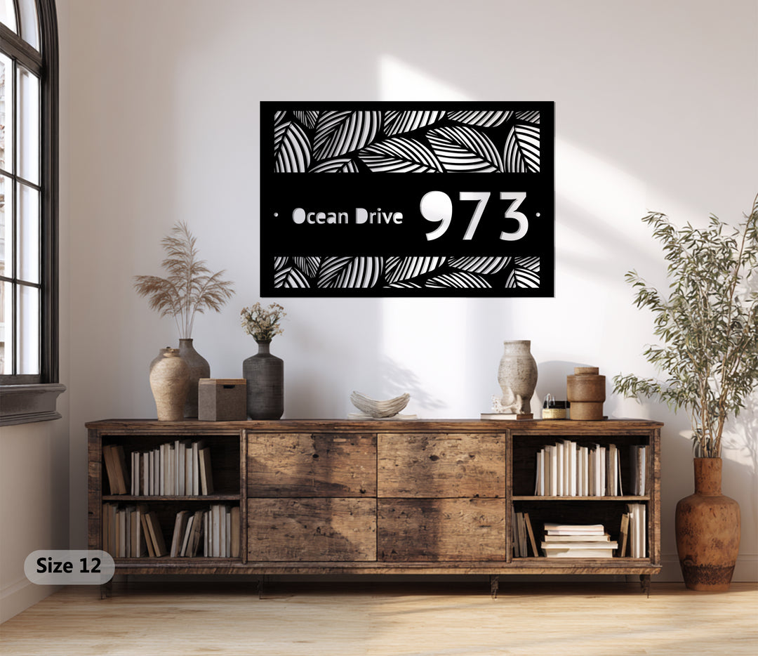 Custom Metal Address Plaque – Tropical Leaf Design House Number Sign