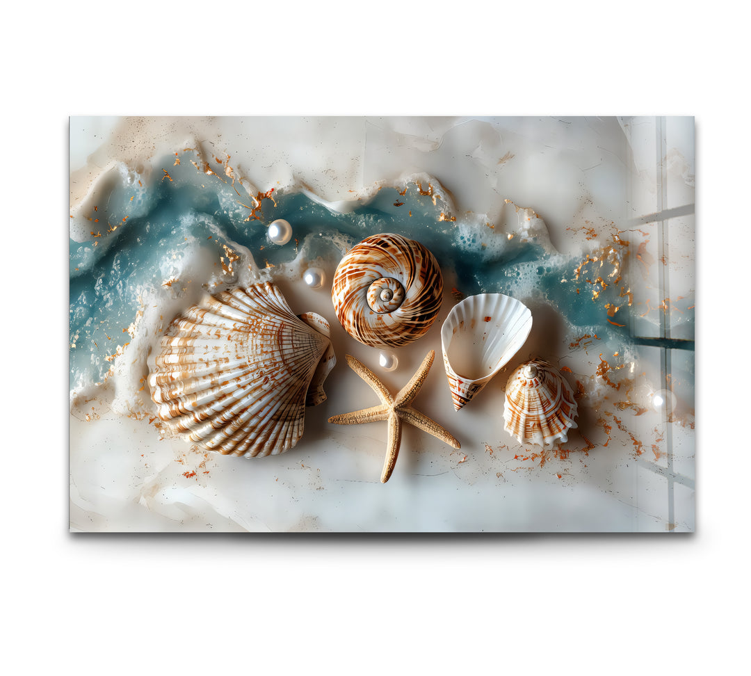 Coastal Treasures – Seashell & Ocean Pearl Glass Wall Art