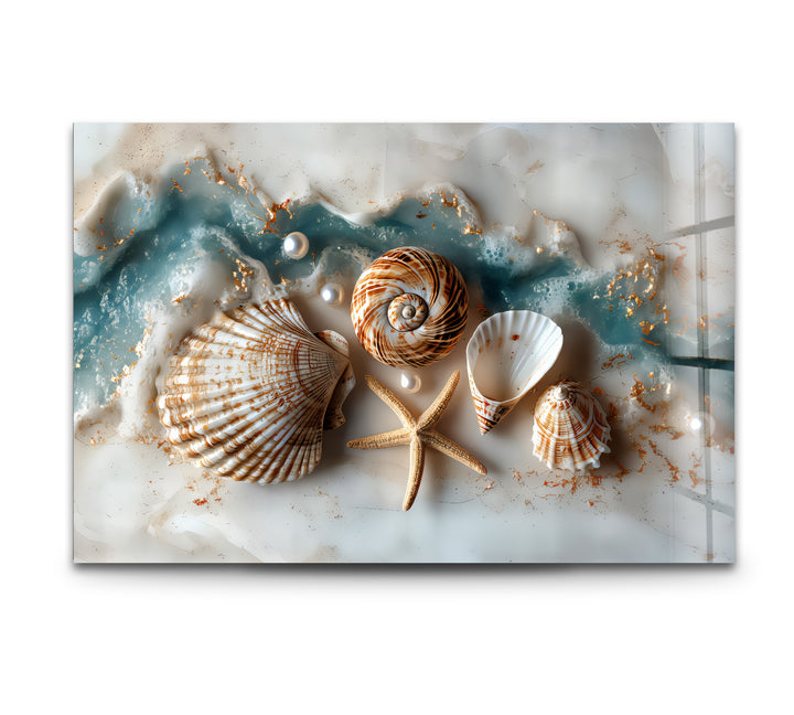 Coastal Treasures – Seashell & Ocean Pearl Glass Wall Art