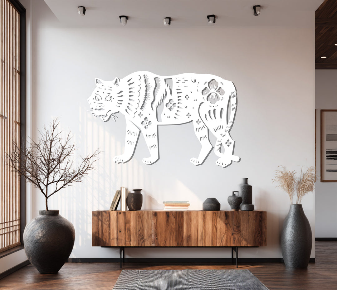 Floral Tiger Metal Wall Art – Animal Silhouette Decor