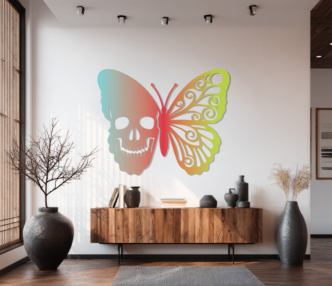 Ethereal Duality Skull Butterfly Metal Wall Art – Colorful Symbolic Design