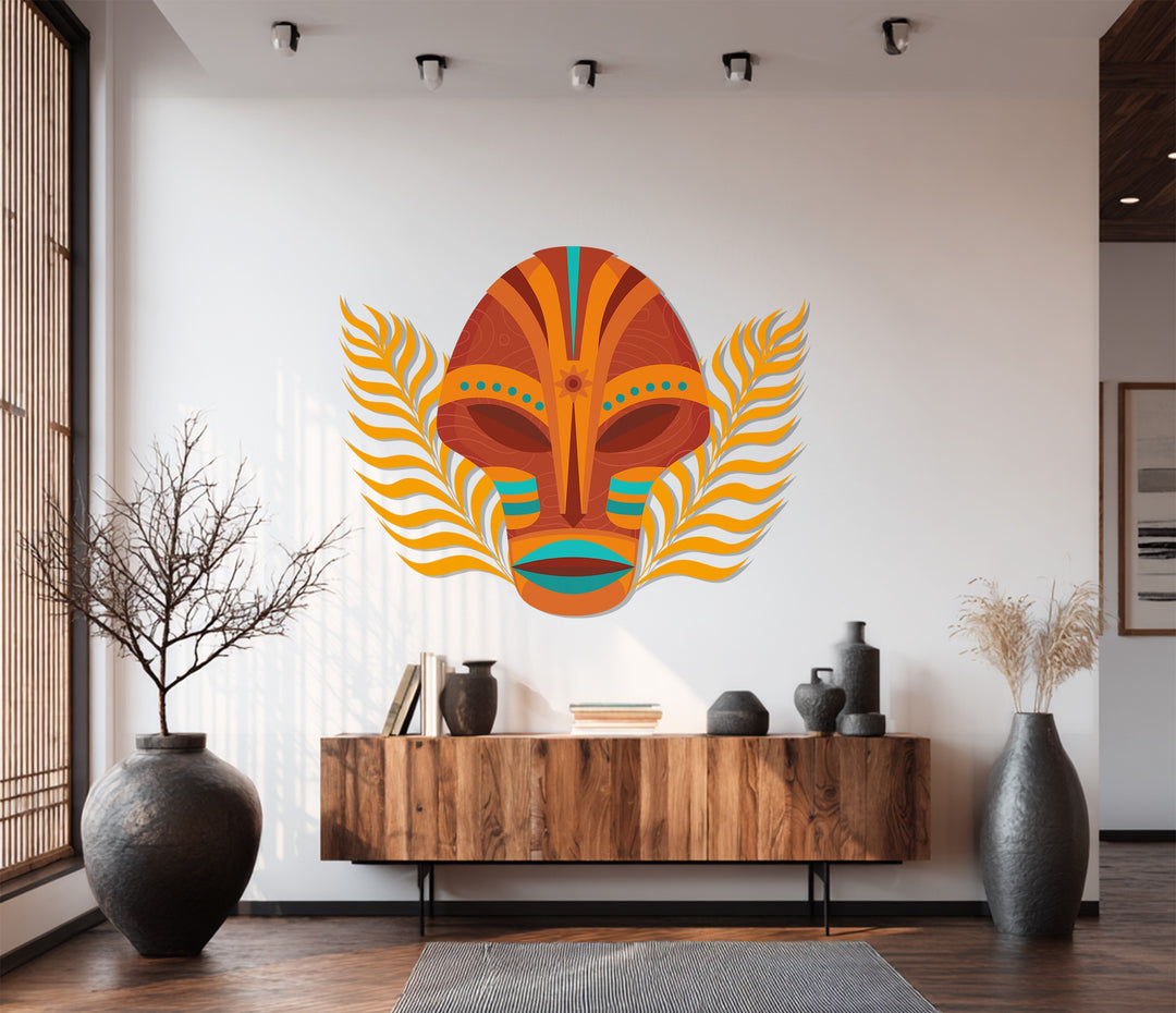 Modern tribal face metal sculpture with feather-like details