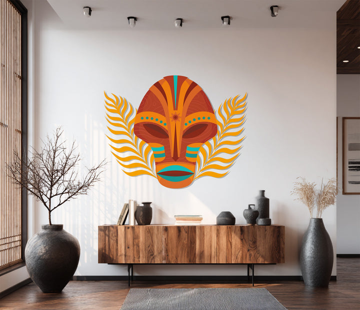 Modern tribal face metal sculpture with feather-like details