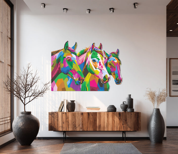 Modern equine wall decor – three colorful horses metal artwork