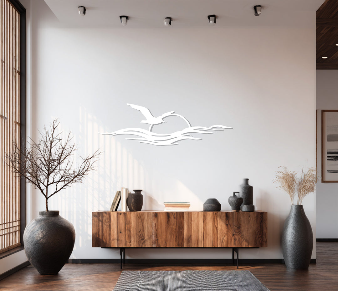 Flying Seagull Sunset Metal Wall Art – Coastal Minimalist Décor