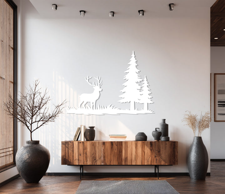 Matte black forest and deer silhouette wall art