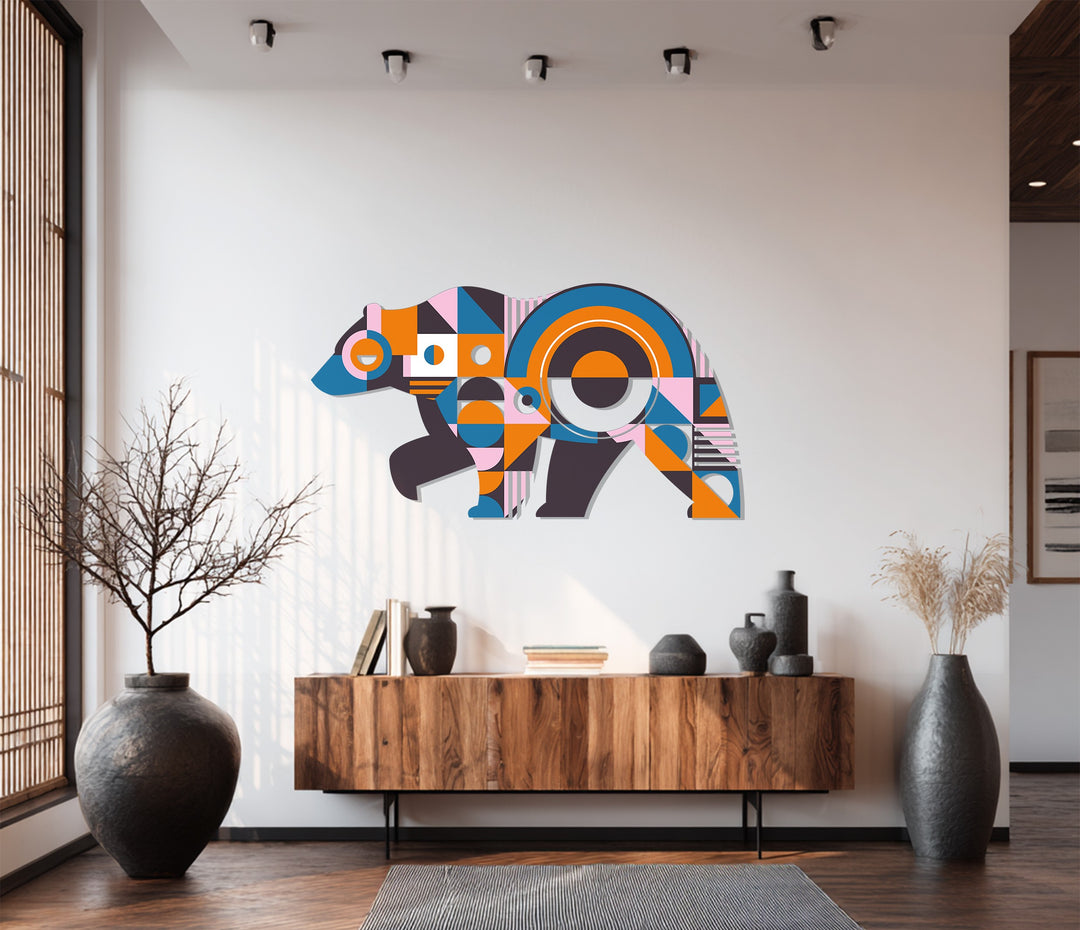 Geometric Bear Metal Wall Art – Colorful Modern Animal Home Decor