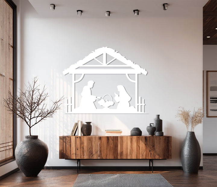 Elegant metal wall art of Holy Family under stable roof
