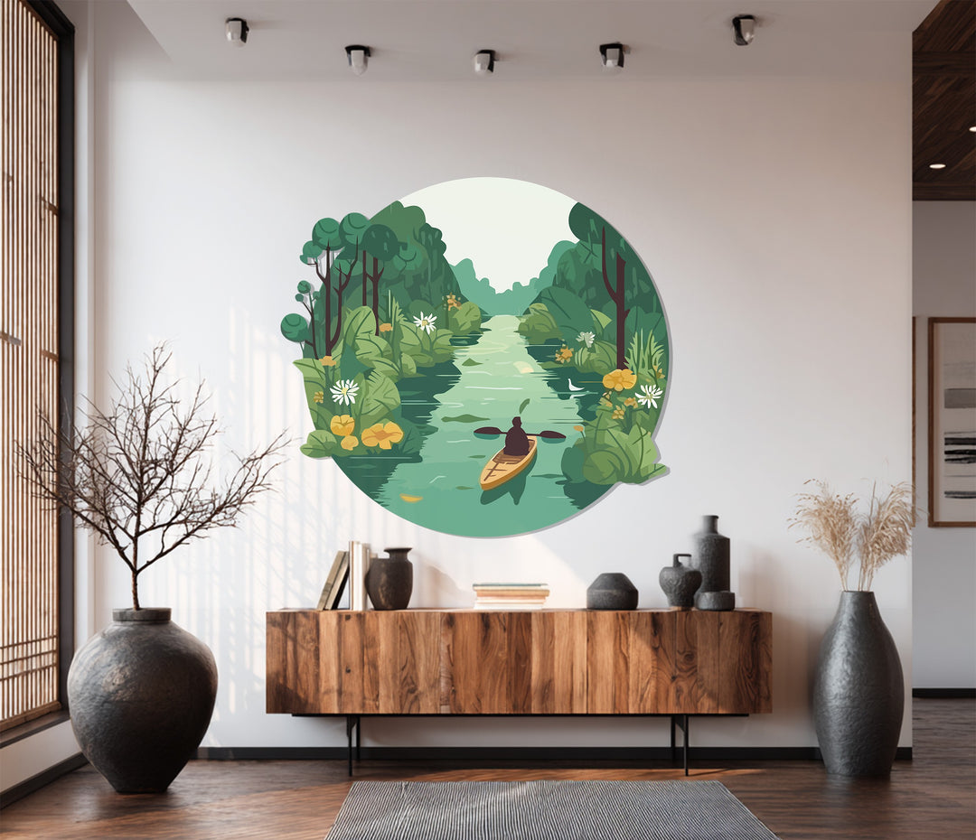 Modern forest landscape art with river reflections