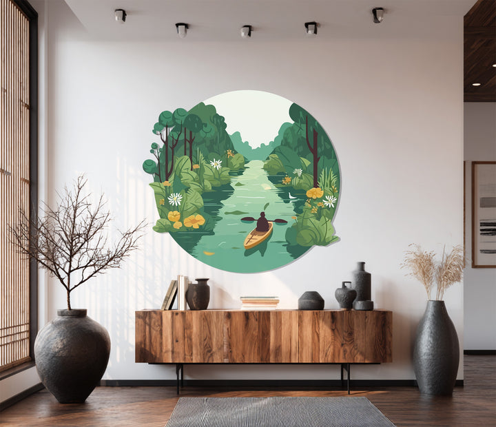 Modern forest landscape art with river reflections