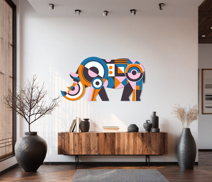 Colorful rhino metal wall décor — modern geometric animal art for living room