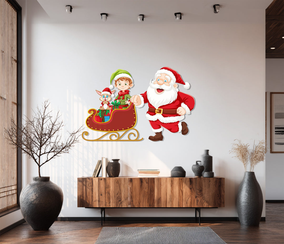 سانتا وجولة الزلاجة مع الجان - لوحة جدارية لعيد الميلاد