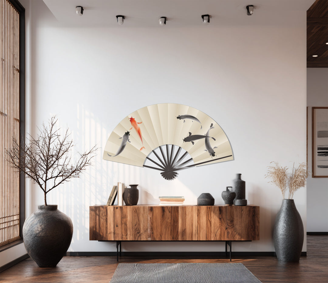 Horizontally oriented fan-shaped decoration wall art featuring an elegant koi fish design inspired by Japanese aesthetics.
