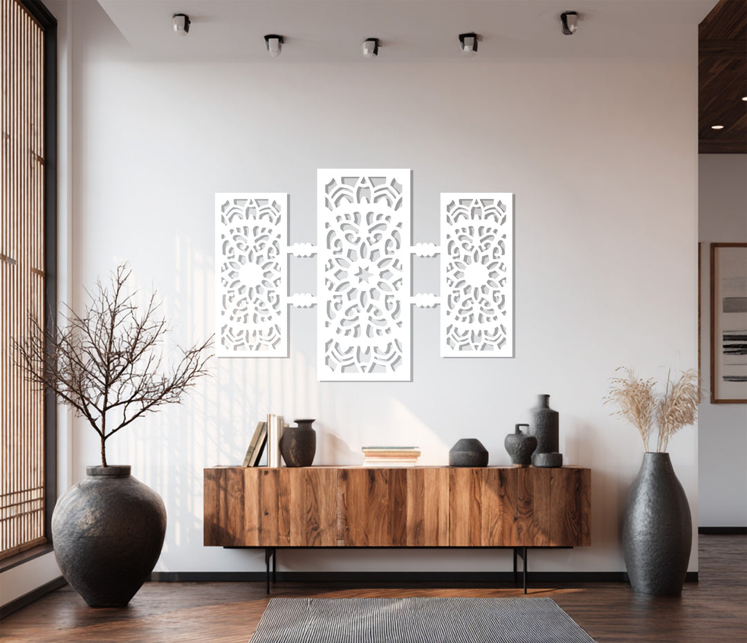 تناغم الأرابيسك – تصميم هندسي ثلاثي الأجزاء فن جداري معدني