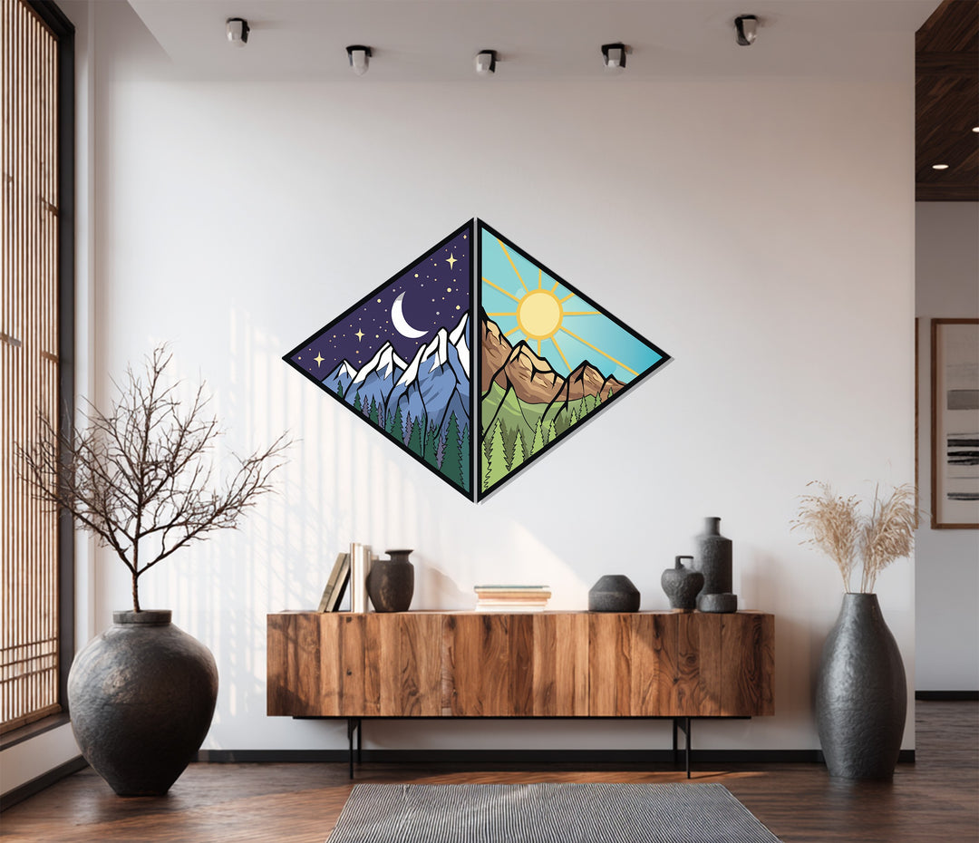 Day and Night Mountain Metal Wall Art – Dual Nature Landscape Design