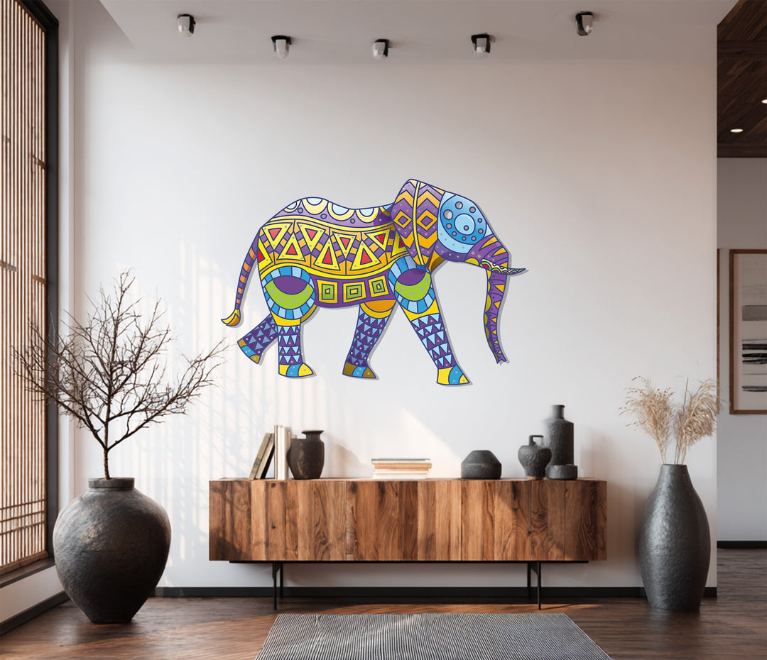 Colorful Tribal Elephant Metal Wall Art – Bohemian Animal-Inspired Home Decor