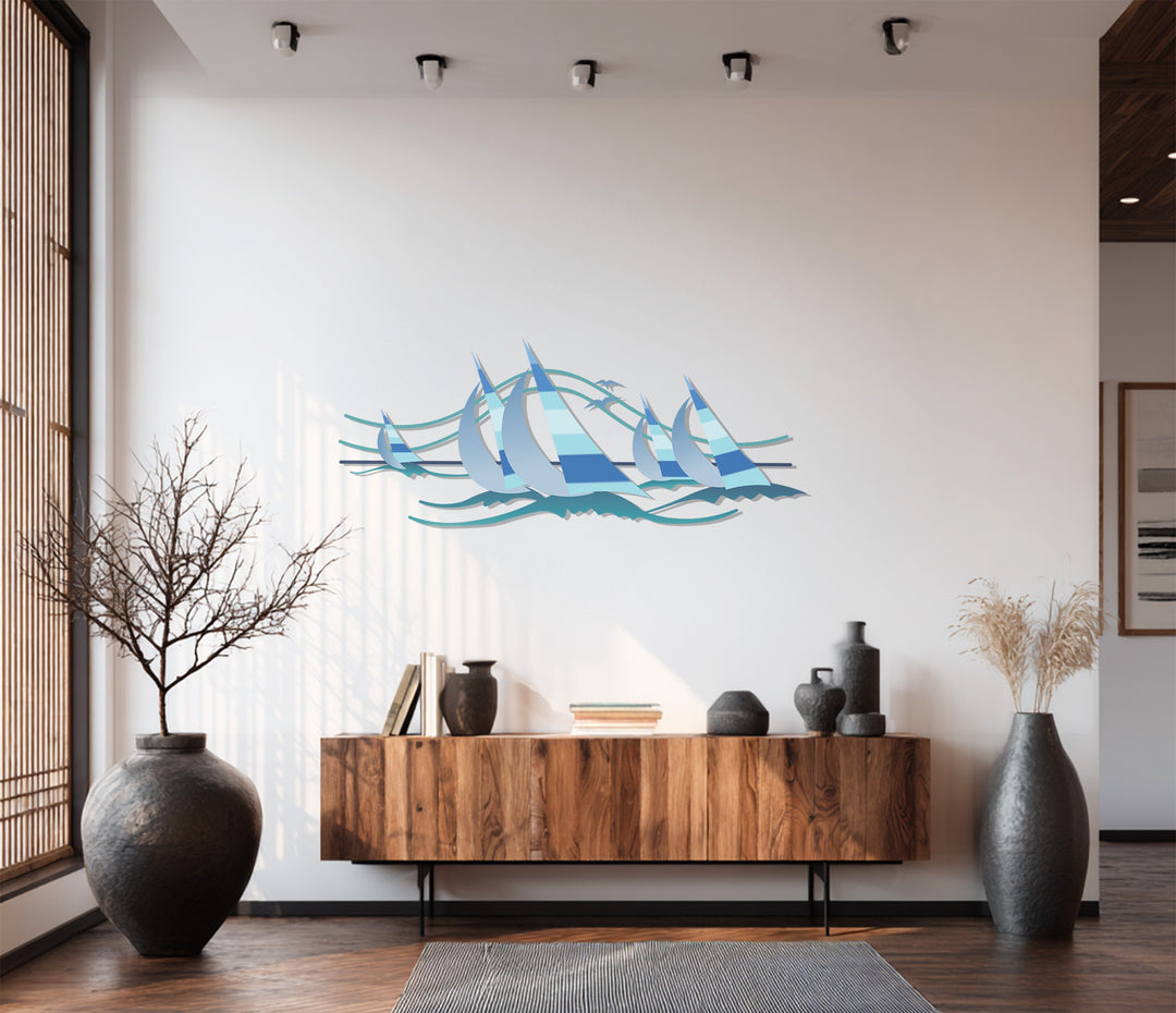 Sailing Harmony Metal Wall Art – Modern Blue Nautical Decor