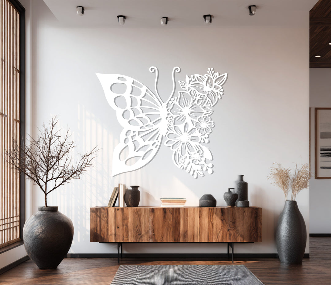 Floral Butterfly Metal Wall Art – Red Nature-Inspired Elegance