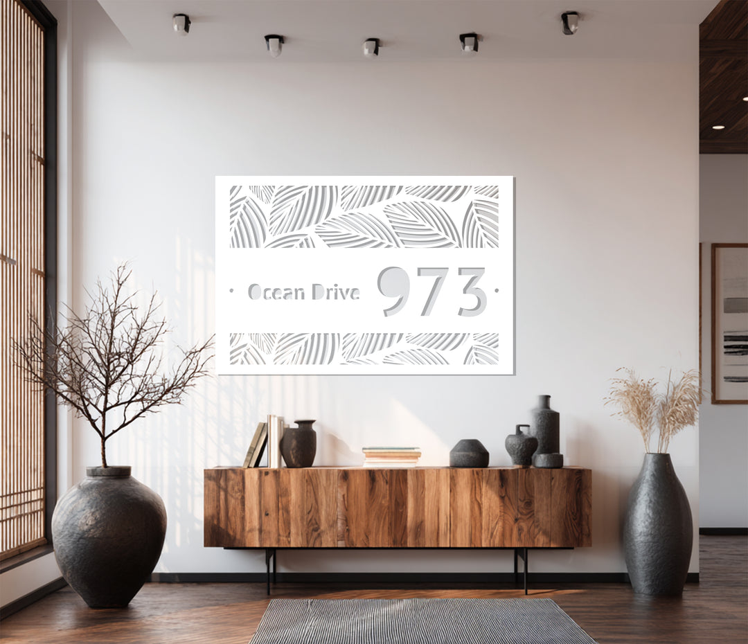 Custom Metal Address Plaque – Tropical Leaf Design House Number Sign