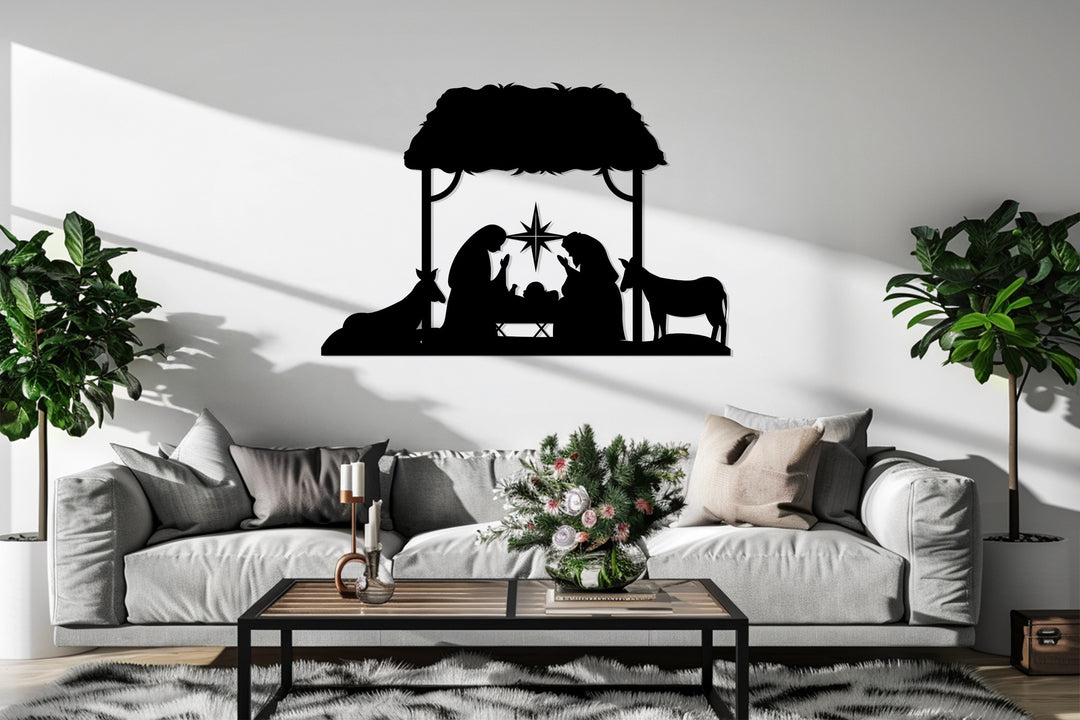 مشهد ميلاد السيد المسيح في ليلة صامتة - عيد الميلاد المجيد للعائلة المقدسة فن جداري معدني