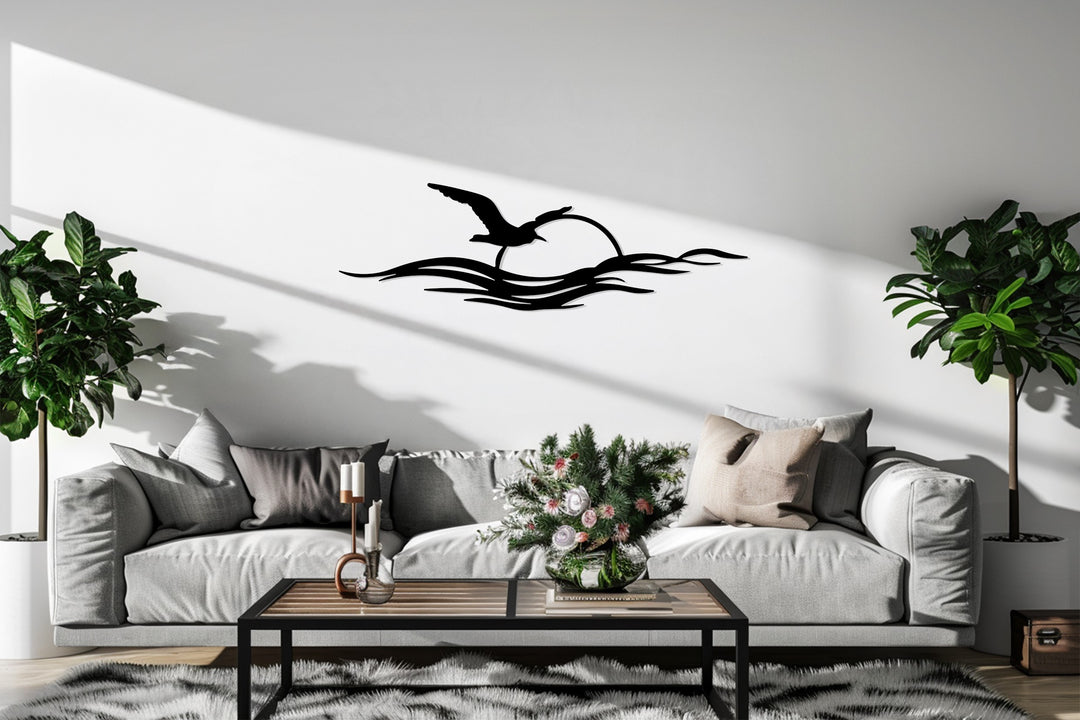 Flying Seagull Sunset Metal Wall Art – Coastal Minimalist Décor
