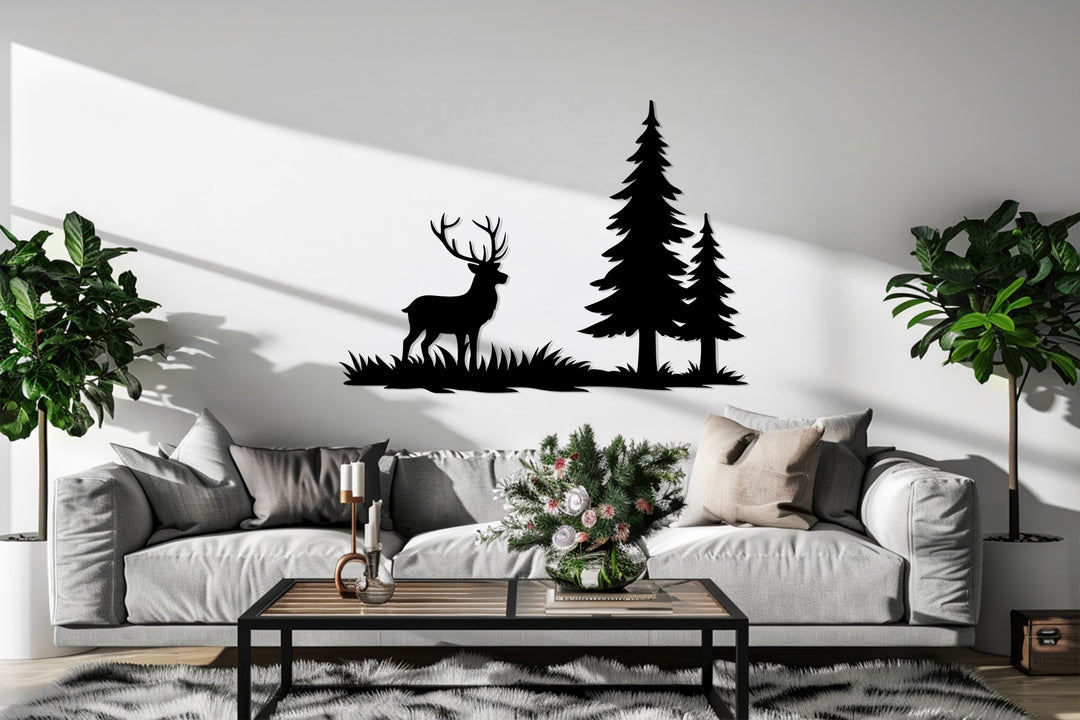 Lone Stag in Forest Metal Wall Art – Rustic Nature Design