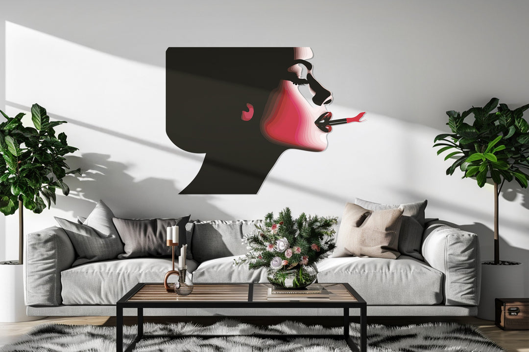 Minimalist woman smoking wall decor in dark tones