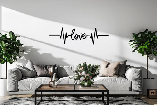 Evoking a pulse, the Heartbeat Love script's decoration wall art seemingly undulates above the sofa, bringing a lively, rhythmic energy to the modern living space.