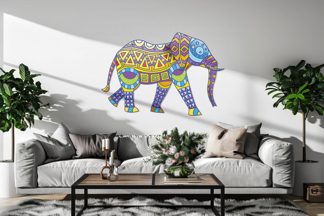 Colorful Tribal Elephant Metal Wall Art – Bohemian Animal-Inspired Home Decor